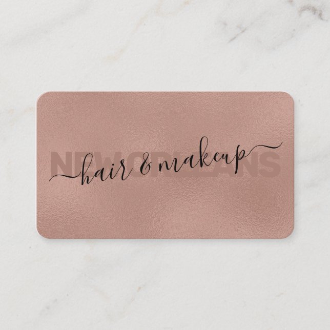Glam Faux Rose Gold Foil Calligraphy Hair Stylist Business Card (Front)