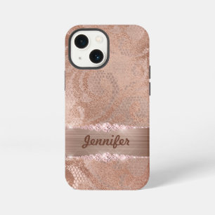 Glam Faux Rose Gold Lace on Monogram Brushed Metal iPhone 13 Mini Case