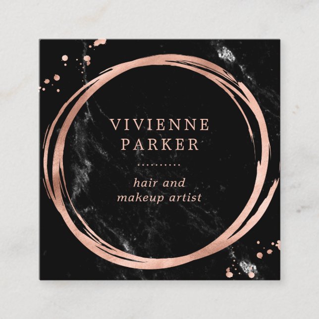 Glam Faux Rose Gold Look on Black Marble Square Business Card (Front)