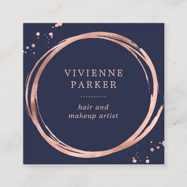 Glam Faux Rose Gold Look on Midnight Blue Square Business Card (Front)