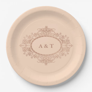 Glam Faux Rose Gold on Blush Pink Wedding Monogram Paper Plate