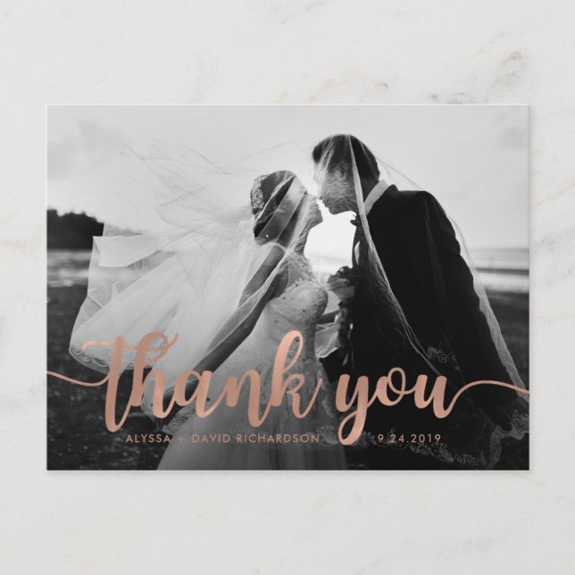 Glam Faux Rose Gold Wedding Photo Thank You Postcard (Front)