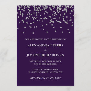 Glam Faux Silver Confetti and Deep Purple Wedding Invitation