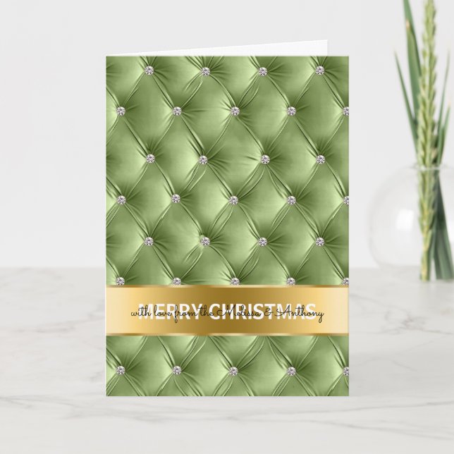 Glam Faux Velvet Sage Green Gold Christmas Holiday Card (Front)