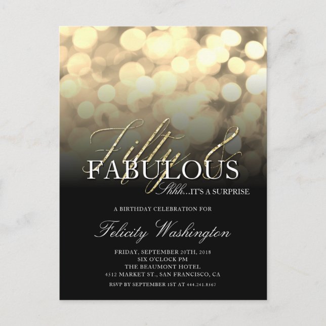 Glam Fifty & Fabulous Surprise Birthday Party Invitation Postcard (Front)