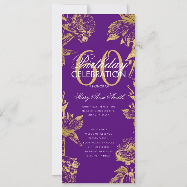 Glam Floral 60th Birthday Program Gold Purple Menu Invitation (Front)