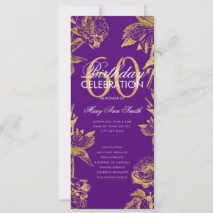 Glam Floral 60th Birthday Program Gold Purple Menu Invitation