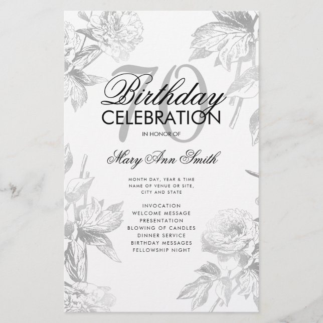 Glam Floral 70 Birthday Program Silver Menu (Front)