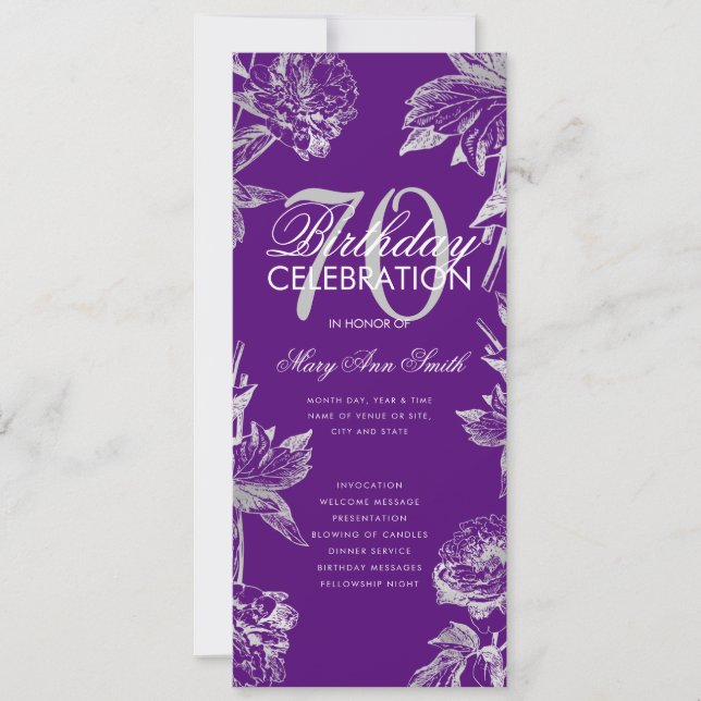 Glam Floral 70 Birthday Program Silver Purple Menu Invitation (Front)