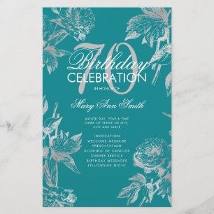 Glam Floral 70 Birthday Program Silver Teal Menu
