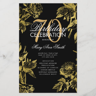 Glam Floral 70th Birthday Program Gold Black Menu