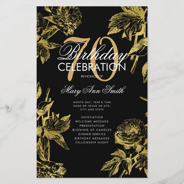 Glam Floral 70th Birthday Program Gold Black Menu (Front)