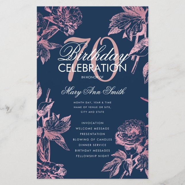 Glam Floral 70th Birthday Program Rose Gold Navy  (Front)