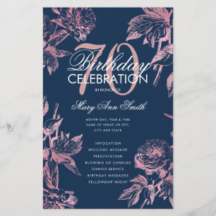 Glam Floral 70th Birthday Program Rose Gold Navy 