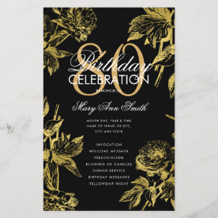 Glam Floral 80th Birthday Program Gold Black Menu
