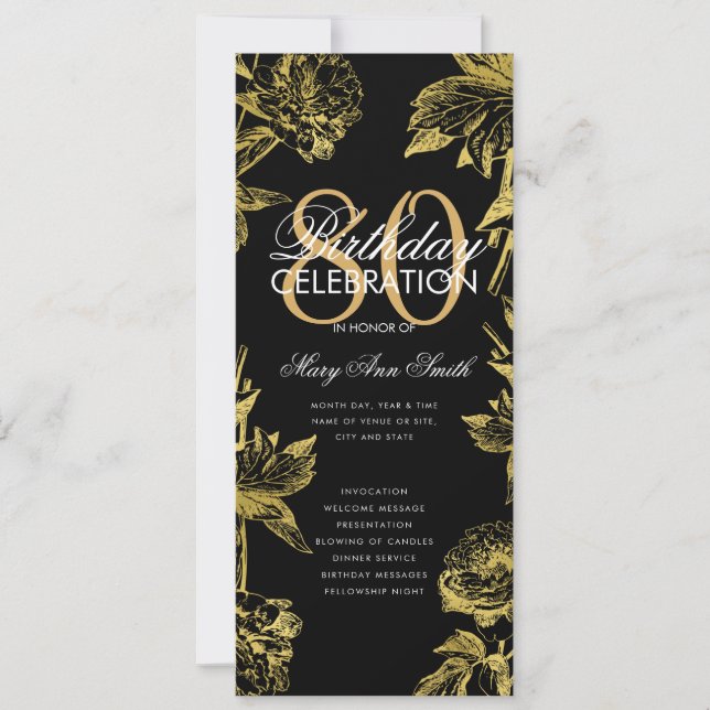 Glam Floral 80th Birthday Program Gold Black Menu Invitation (Front)