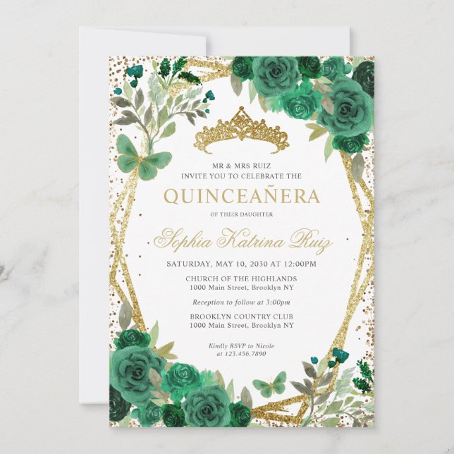 Glam Floral Emerald Green Gold QR Code Quinceañera Invitation (Front)