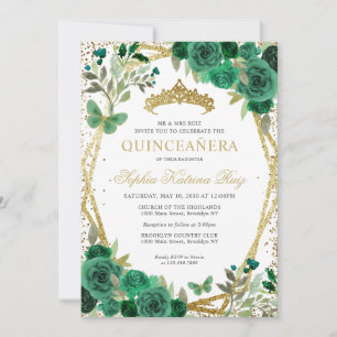 Glam Floral Emerald Green Gold QR Code Quinceañera Invitation
