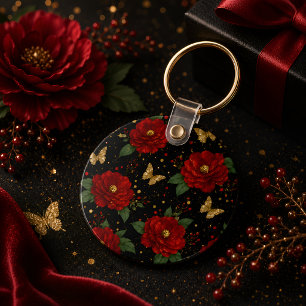 Glam Floral Keychain Red Roses Gold Butterfly 