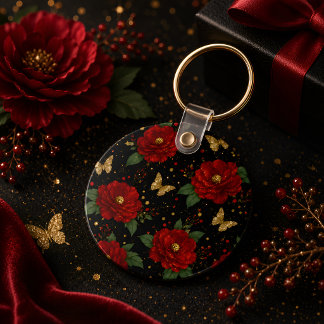Glam Floral Keychain Red Roses Gold Butterfly 