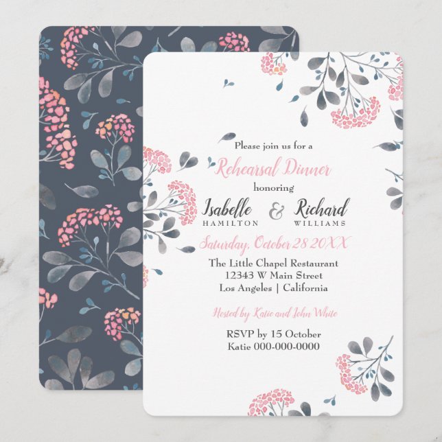 Glam floral pink watercolor Rehearsal Dinner Invitation (Front/Back)