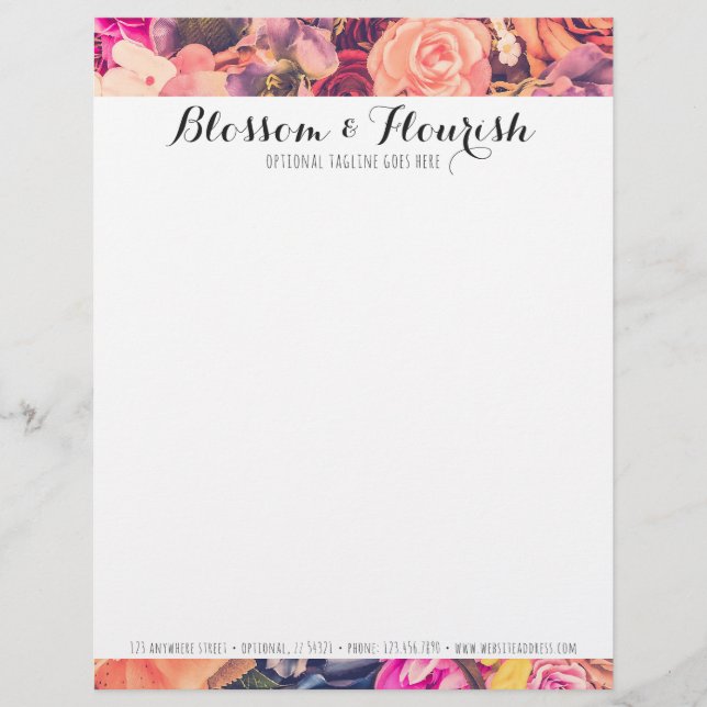 Glam Floral Roses Trendy Modern Florist & Boutique Letterhead Design (Front)