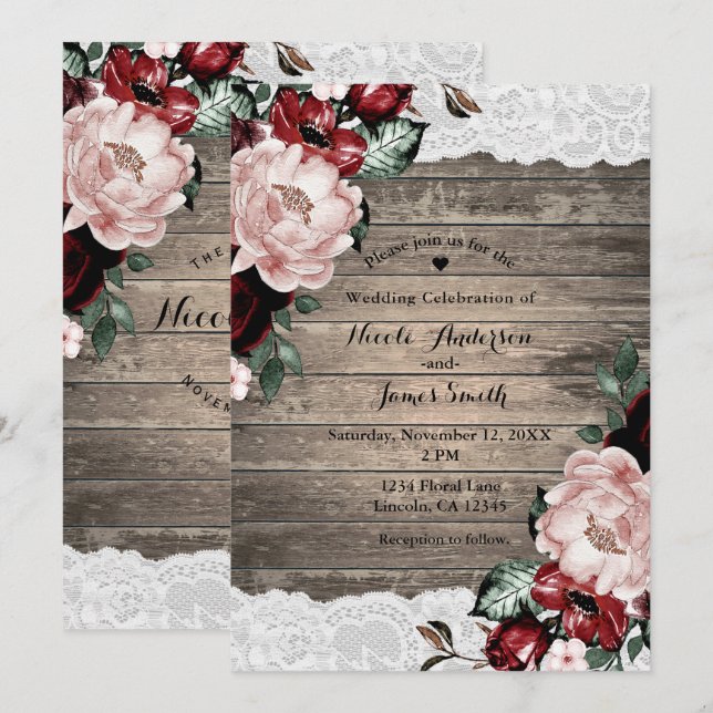 Glam Floral Rustic Wood Lace Barn Country Wedding Invitation (Front/Back)