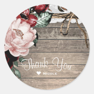 Glam Floral Rustic Wood & Lace Barn Wedding Classic Round Sticker