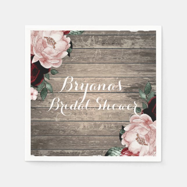 Glam Floral Rustic Wood & Lace Barn Wedding Napkin (Front)