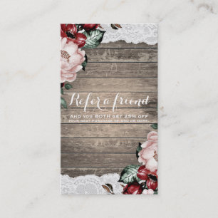 Glam Floral Rustic Wood & Lace Chic Refer a Friend Referral Card