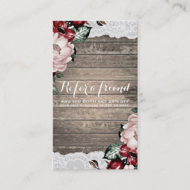 Glam Floral Rustic Wood & Lace Chic Refer a Friend Referral Card (Front)