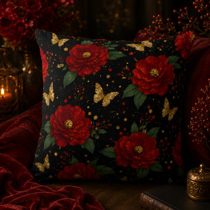 Glam Floral Throw Pillow Red Roses Gold Butterfly