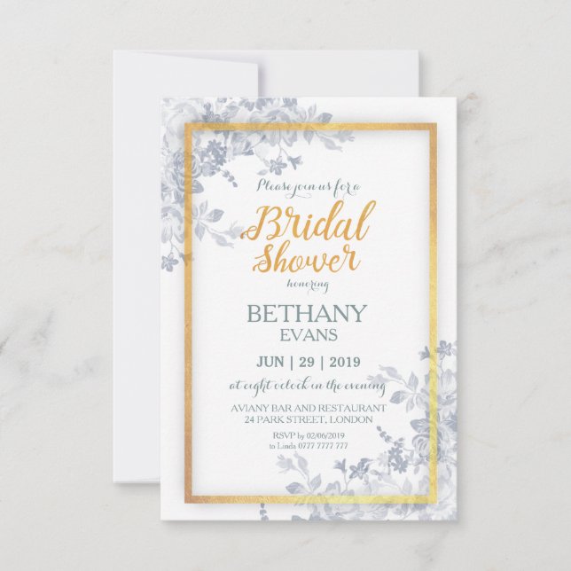 Glam Flower Gold Frame Calligraphy Bridal Shower Invitation (Front)