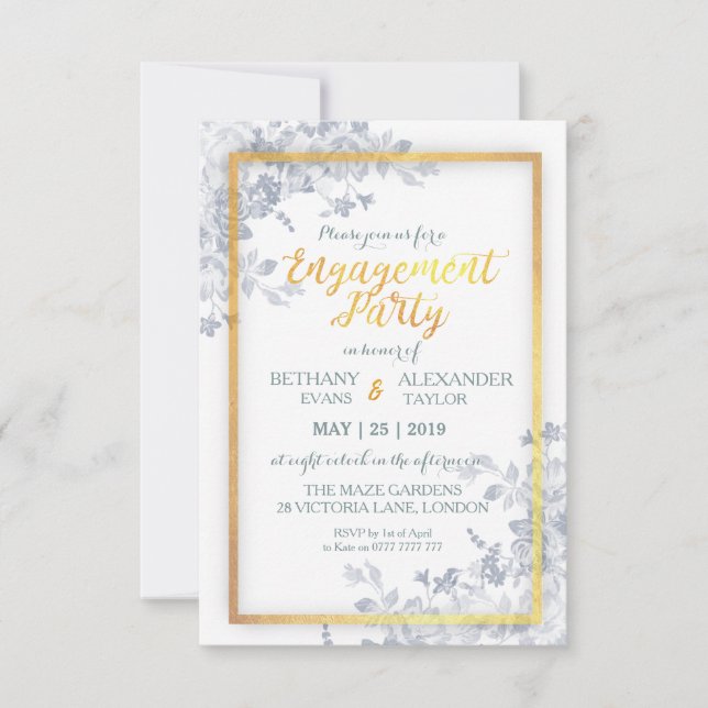 Glam Flower Gold Frame Calligraphy Engagement Card (Front)