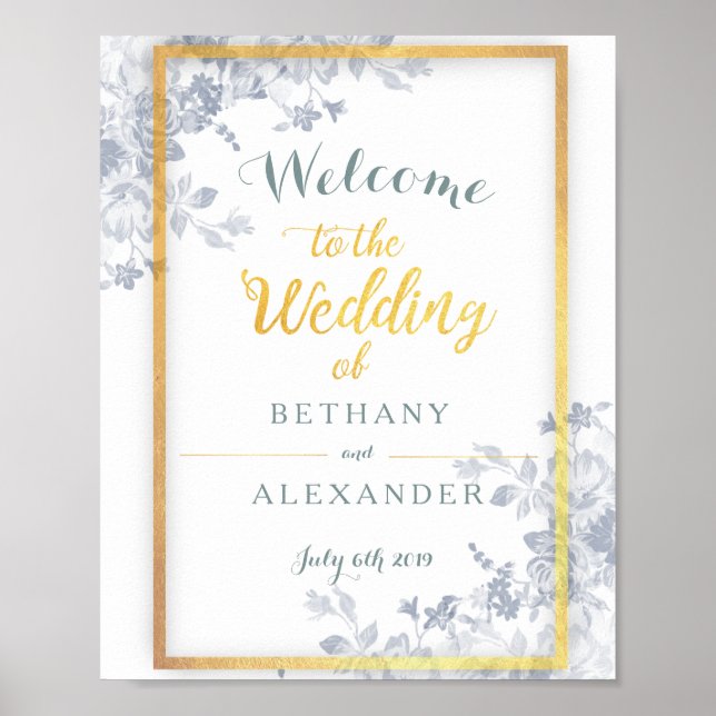 Glam Flowers Gold Frame Wedding Welcome Sign (Front)