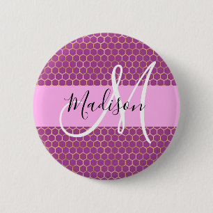 Glam Fuchsia Metallic Pink Honeycomb Monogram Name 6 Cm Round Badge
