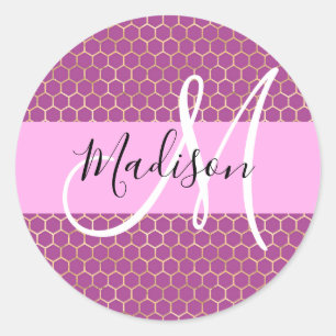 Glam Fuchsia Metallic Pink Honeycomb Monogram Name Classic Round Sticker