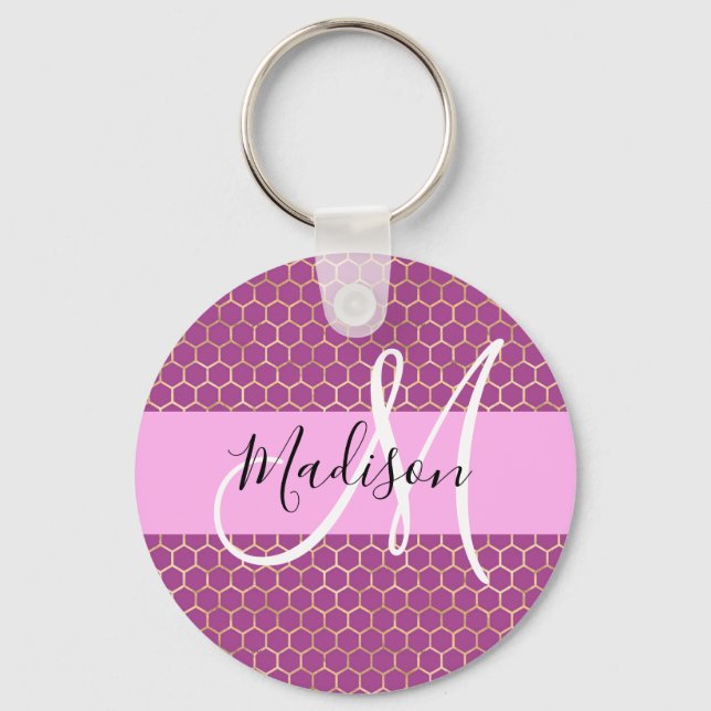 Glam Fuchsia Metallic Pink Honeycomb Monogram Name Key Ring (Front)