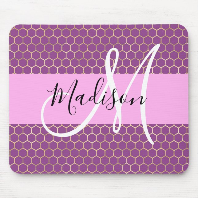 Glam Fuchsia Metallic Pink Honeycomb Monogram Name Mouse Mat (Front)