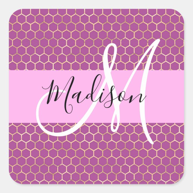 Glam Fuchsia Metallic Pink Honeycomb Monogram Name Square Sticker (Front)