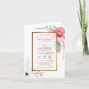 Glam Fuchsia Watercolor Roses Spring Wedding Invitation