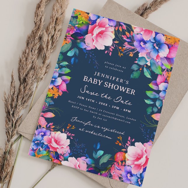 Glam Garden Floral Baby Shower Save Date Navy  Invitation (Glam Garden Floral Baby Shower Save Date Navy Invitation)