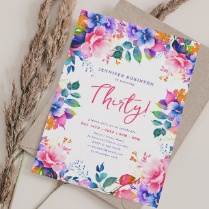 Glam Garden Watercolor Floral 30th Birthday Invitation