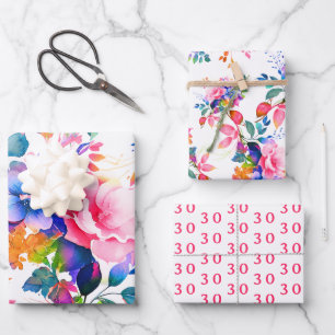 Glam Garden Watercolor Floral 30th Birthday Wrapping Paper Sheet