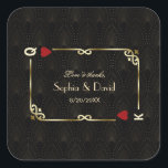 Glam Gatsby Casino Las Vegas Poker Wedding Square Sticker<br><div class="desc">Unique Casino Royale and Great Gatsby themed card design. It features vintage art deco style, a Roaring 1920's old Hollywood broken frame with faux gold foil Fleur-de-lis, red hearts, Q and K on two corners (simulating playing cards), on gold black Art Deco pattern background. Special wording are used as in...</div>