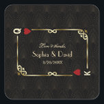 Glam Gatsby Casino Las Vegas Poker Wedding Square Sticker<br><div class="desc">Unique Casino Royale and Great Gatsby themed card design. It features vintage art deco style, a Roaring 1920's old Hollywood broken frame with faux gold foil Fleur-de-lis, red hearts, Q and K on two corners (simulating playing cards), on gold black Art Deco pattern background. Special wording are used as in...</div>