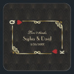 Glam Gatsby Casino Las Vegas Poker Wedding Square Sticker<br><div class="desc">Unique Casino Royale and Great Gatsby themed card design. It features vintage art deco style, a Roaring 1920's old Hollywood broken frame with faux gold foil Fleur-de-lis, red hearts, Q and K on two corners (simulating playing cards), on gold black Art Deco pattern background. Special wording are used as in...</div>