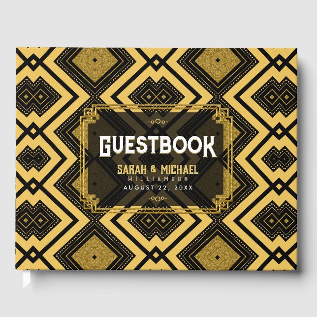 Glam Geometry Gold Black Pattern Wedding Guest Book (Front)