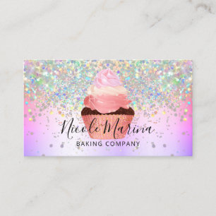 Glam Girly Cupcake Bakery Faux Holographic Glitter Business Card