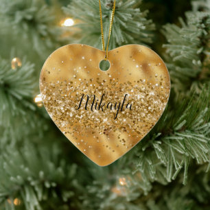 Glam Girly Gold Glitter Glitzy Sparkle Confetti Ceramic Tree Decoration